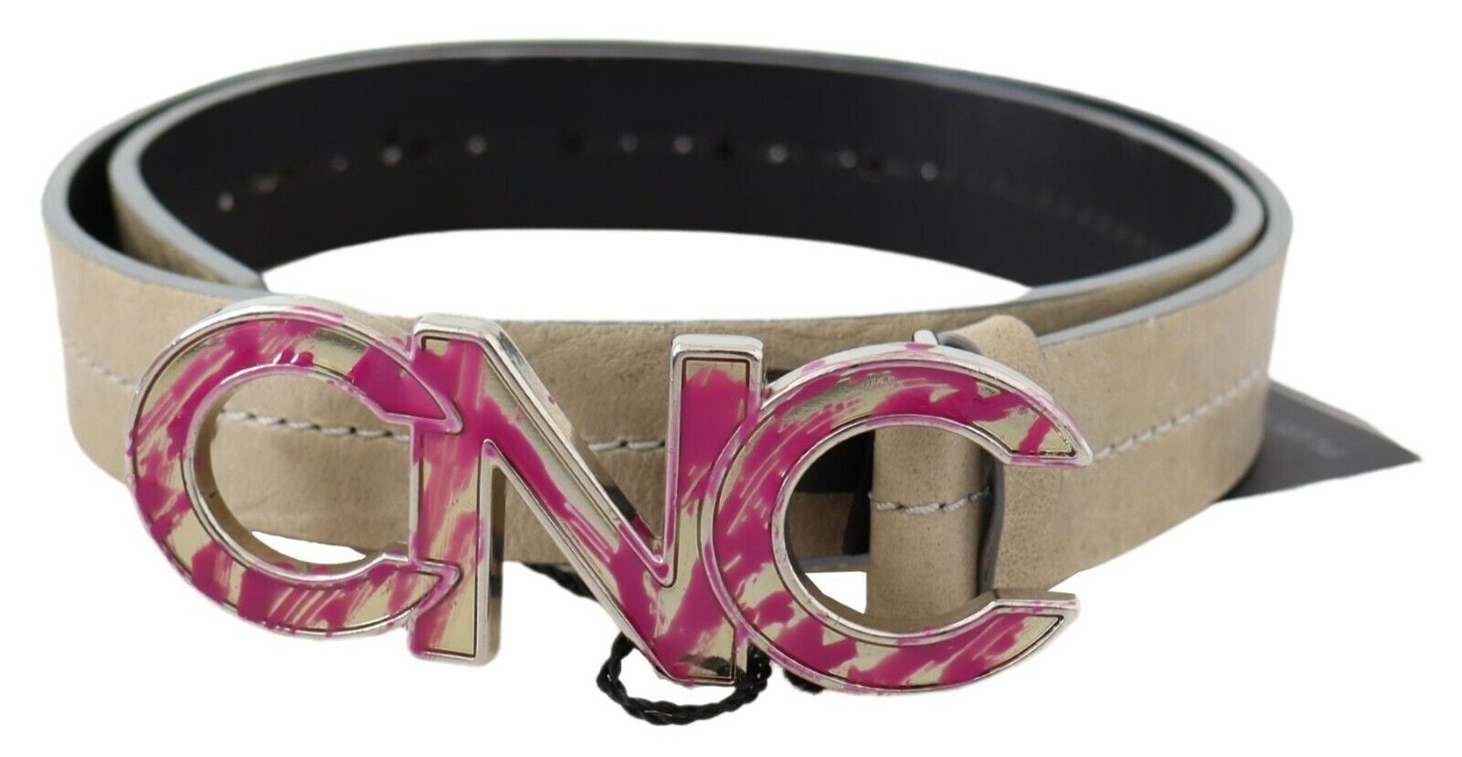 Blekbeige läderbälte med logobokstäver i rosa och spänne.
