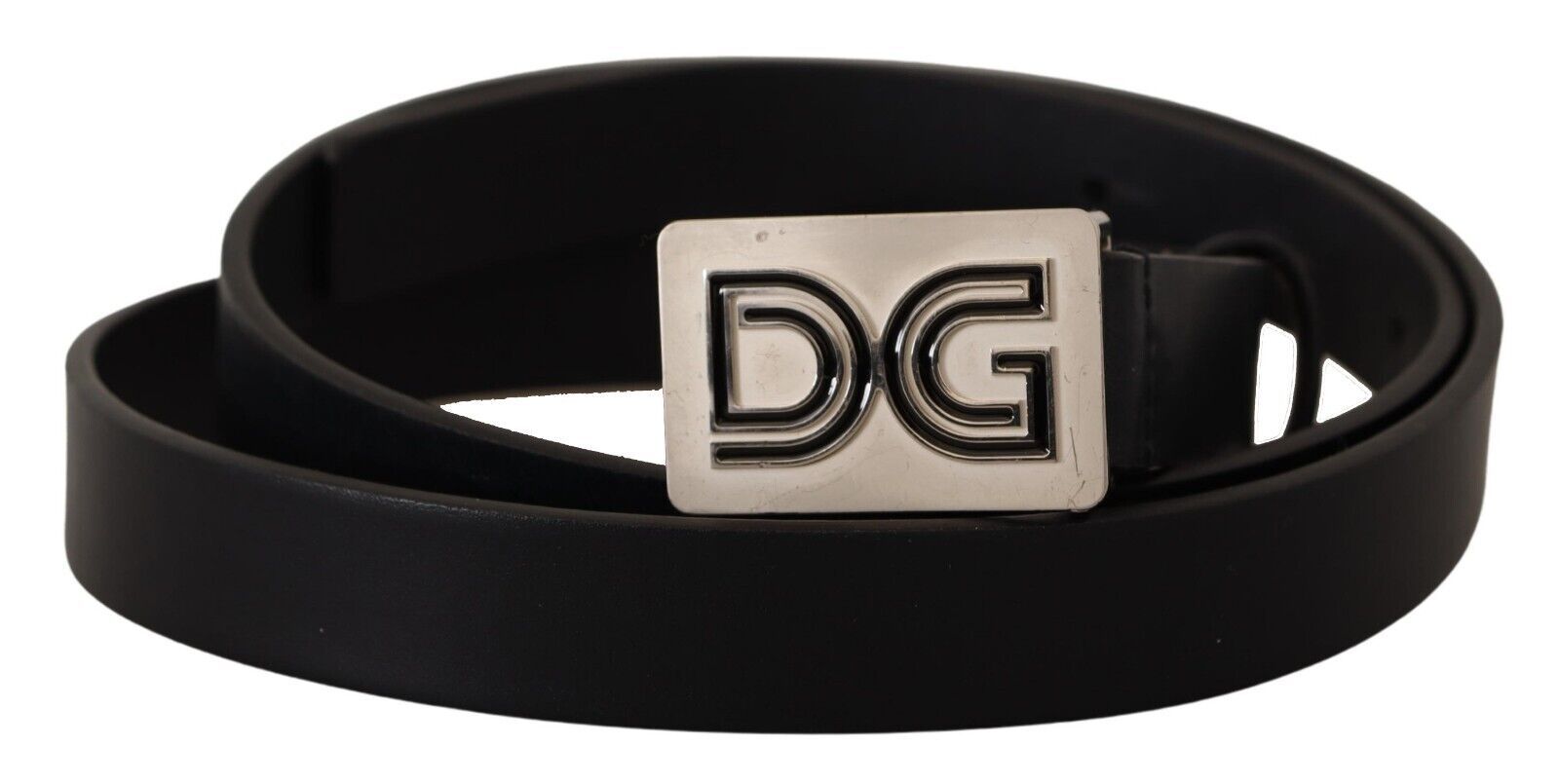 Svart läderbälte med silverfärgad DG-logobrooch