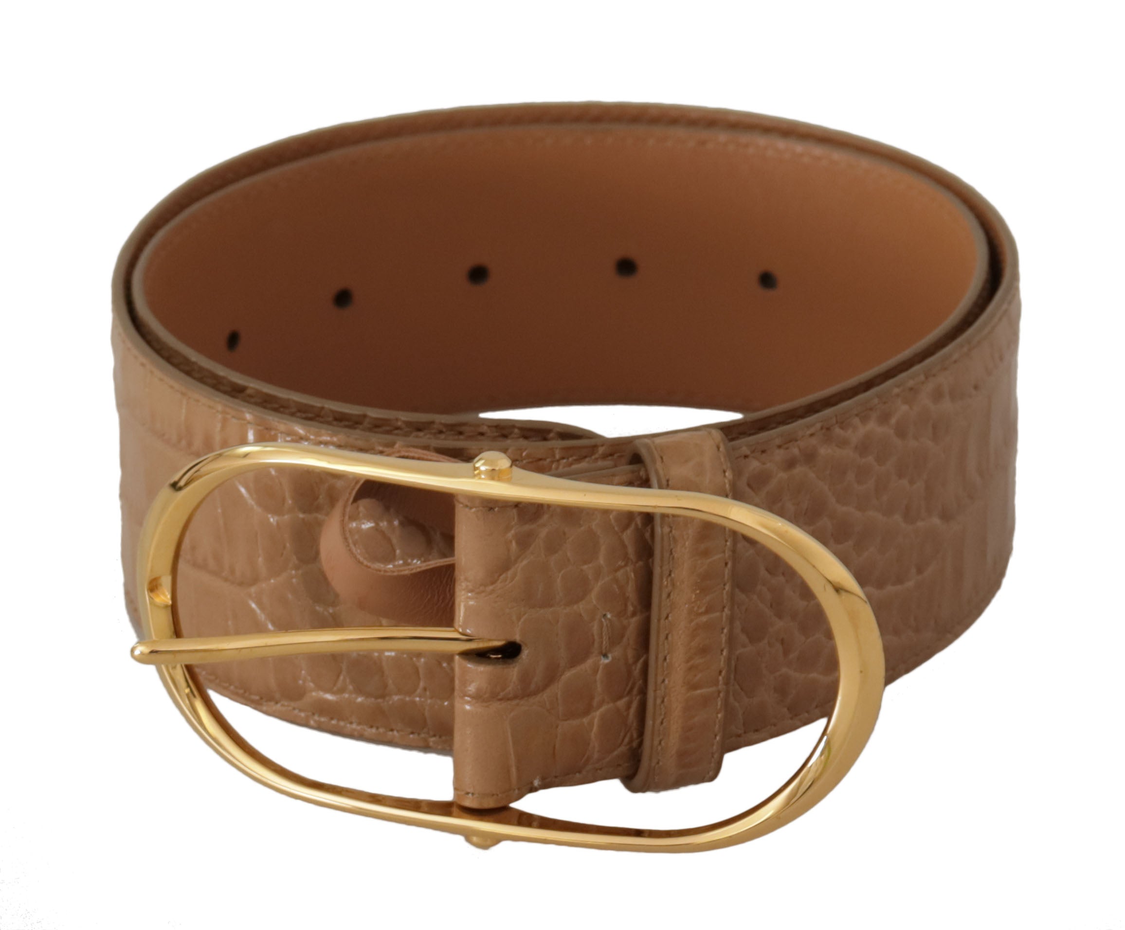 Brun beige läderbälte med guldmetallisk oval spänne