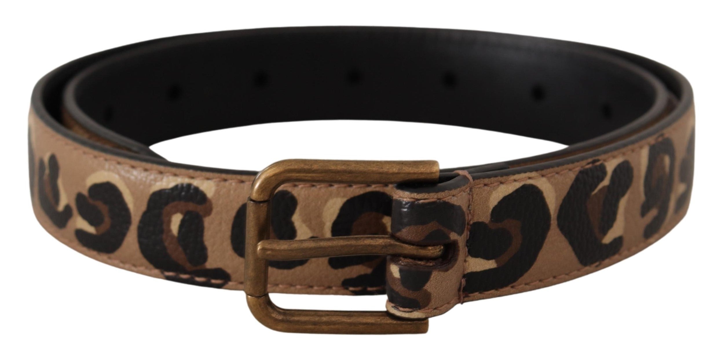 Brun läderrem med leopardmönster och vintage-metallspänne