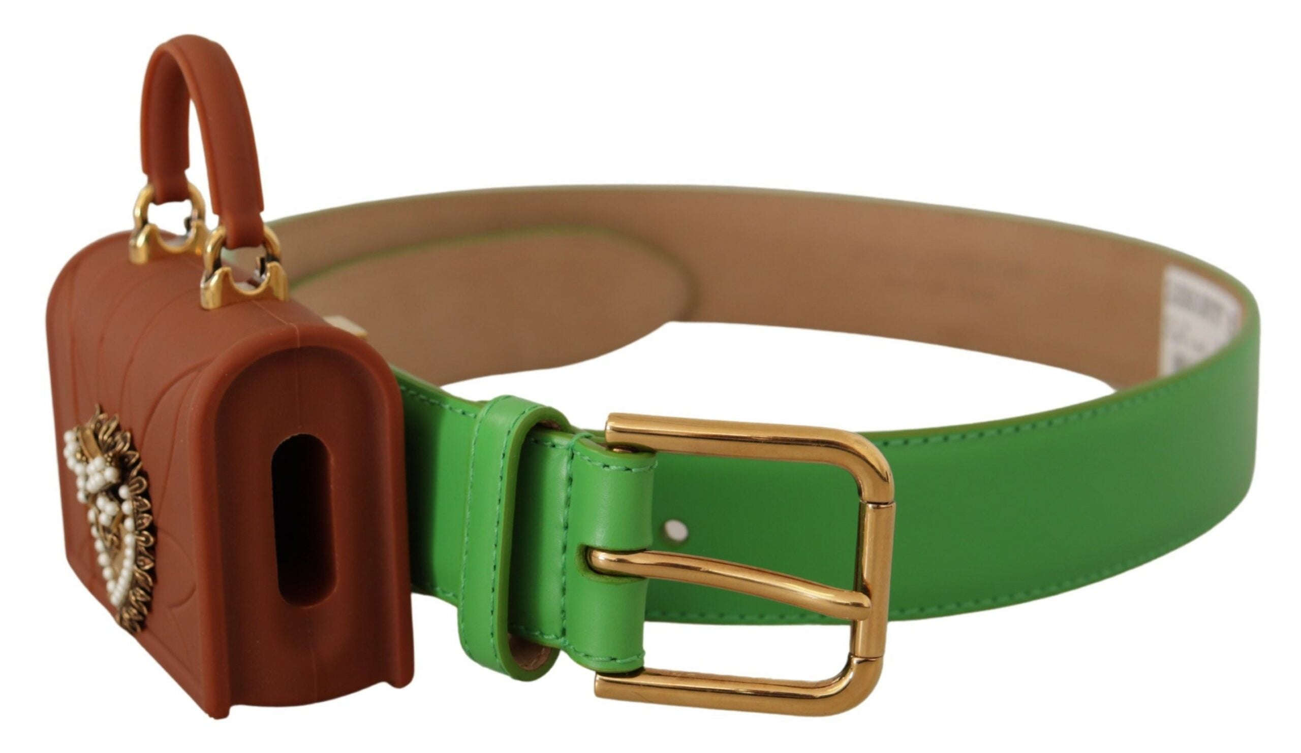 Grön läder Micro Bag med hjärtmotiv, hörlurar och bälte