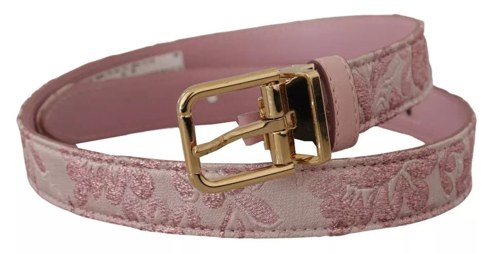 Rosa broderad jacquardvävd midjeband med guldtonad metallspänne