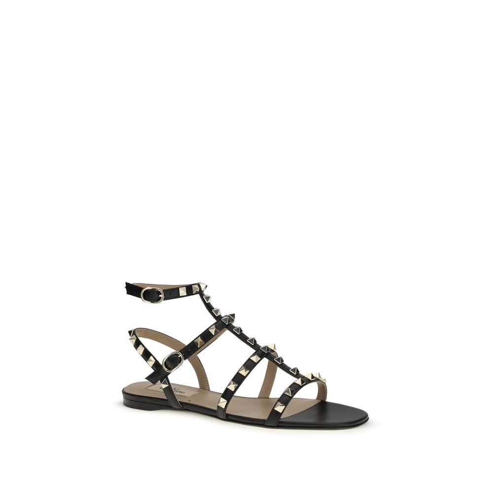 Valentino Garavani Black Calf Leather Flat Sandals
