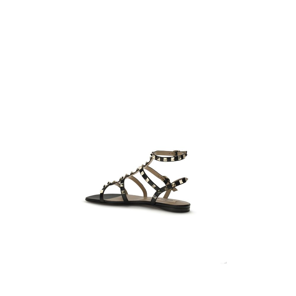 Valentino Garavani Black Calf Leather Flat Sandals