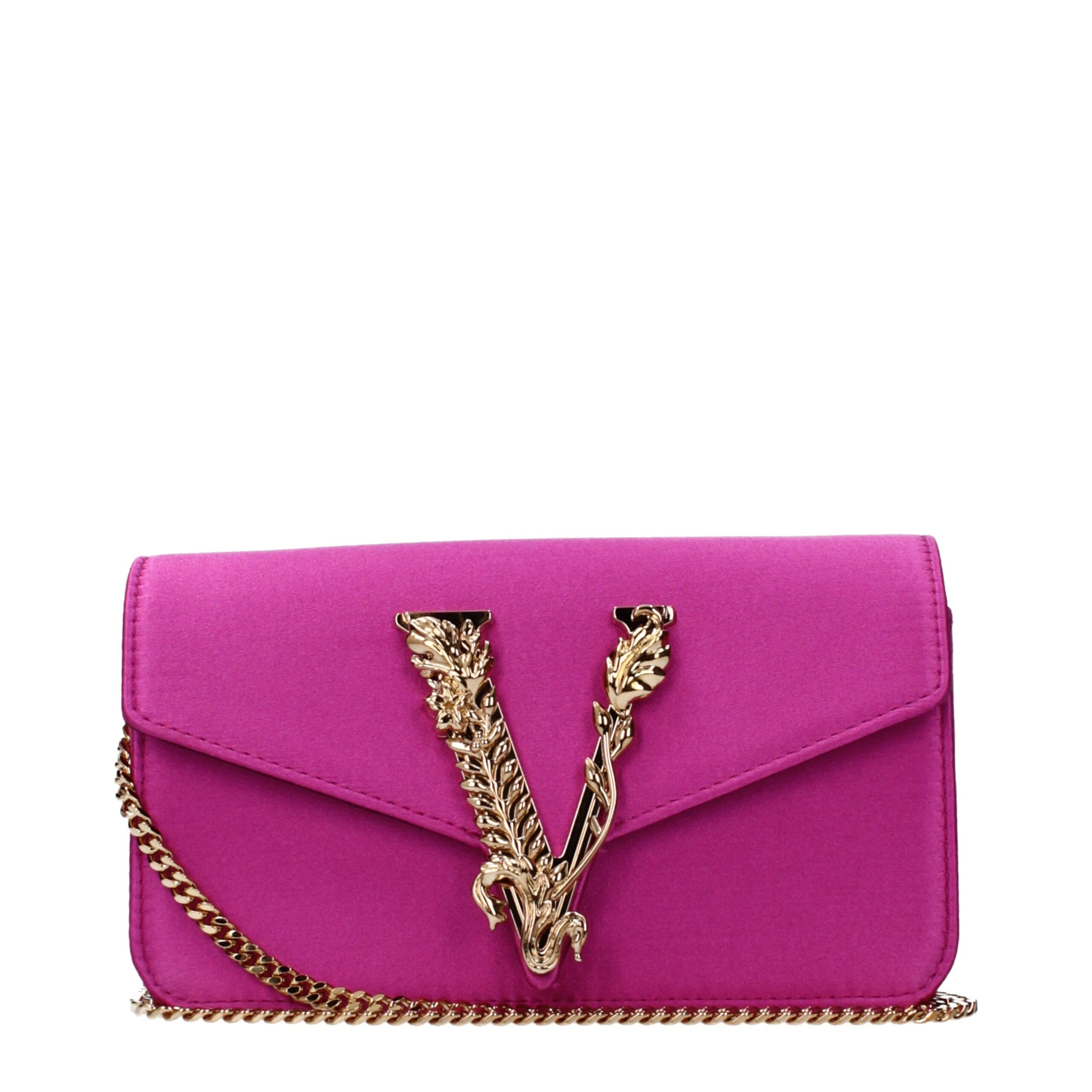 Versace fuchsia satin kuvertväska med logotyp och avtagbar rem