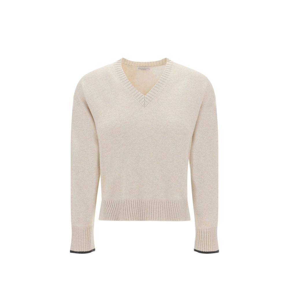 Brunello Cucinelli Beige Cashmere V-ringad tröja