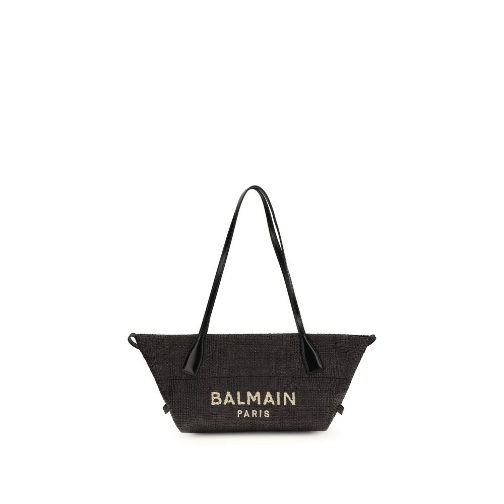 Balmain Black Raffia and Calfskin Shoulder Bag