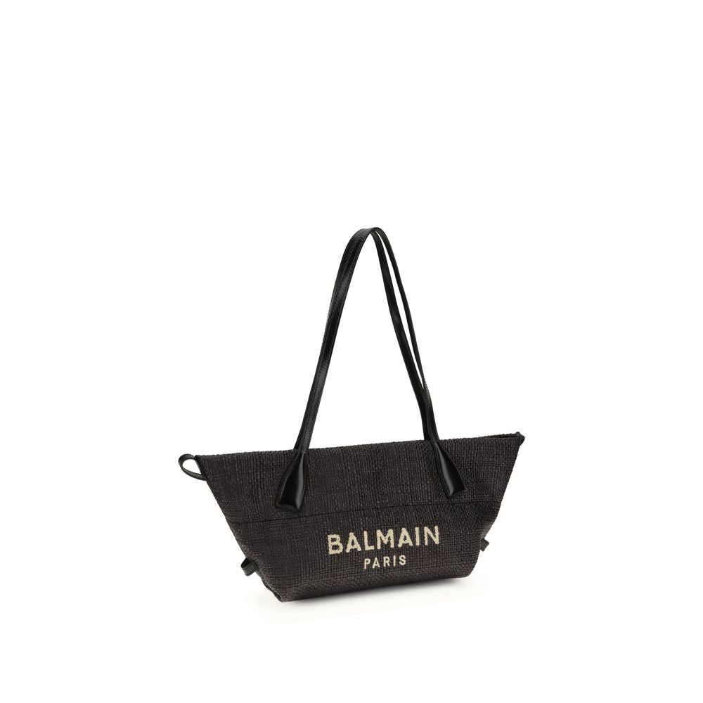 Balmain Black Raffia and Calfskin Shoulder Bag