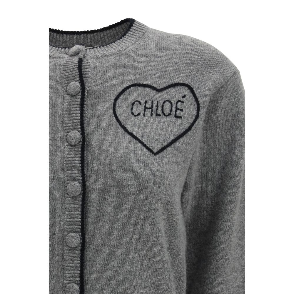 Chloé Gray Ribbed Cashmere Cardigan with Logo