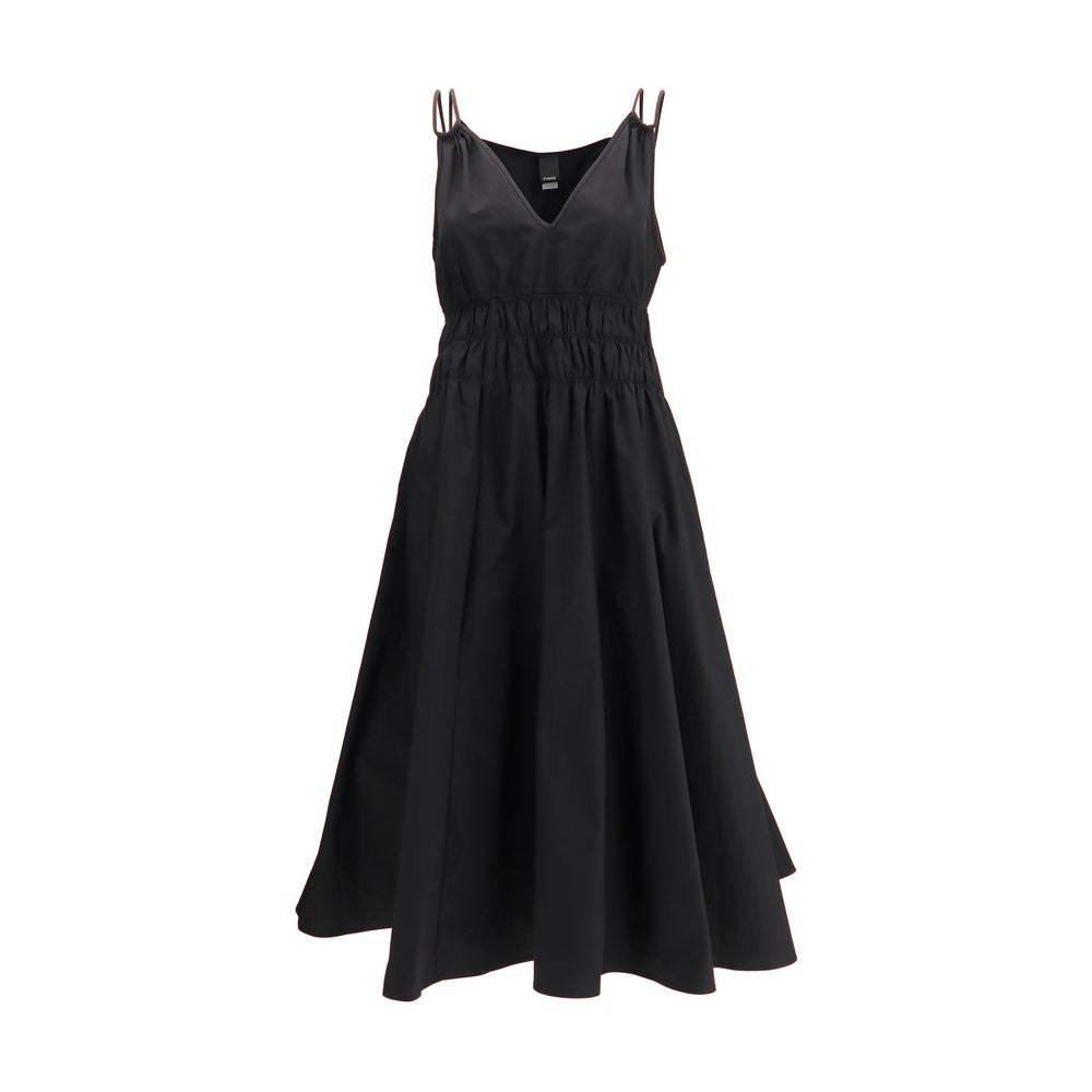 Pinko Black Shirred V-Neck Cotton Dress