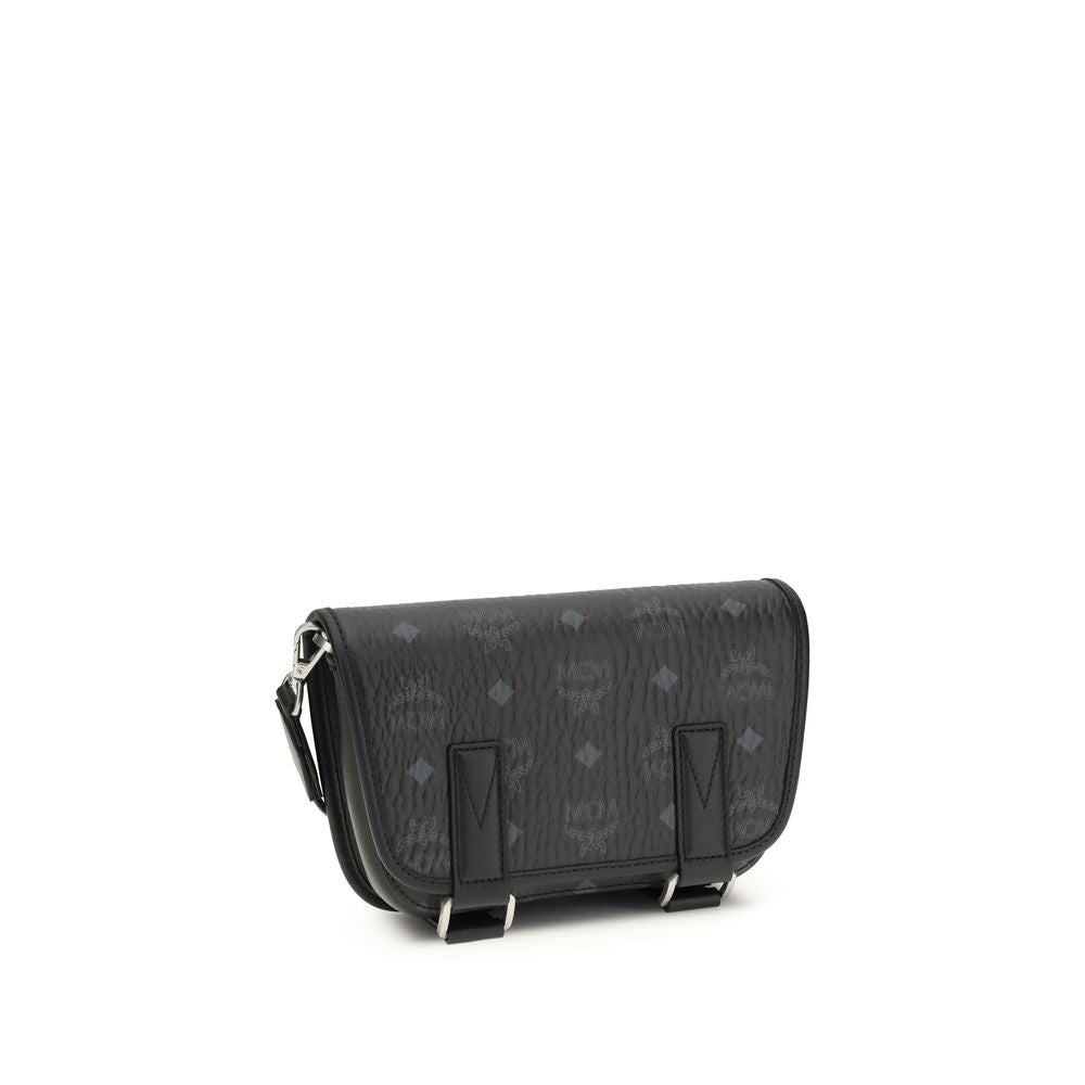 Front view of MCM black fabric shoulder bag with logo print