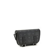 Front view of MCM black fabric shoulder bag with logo print