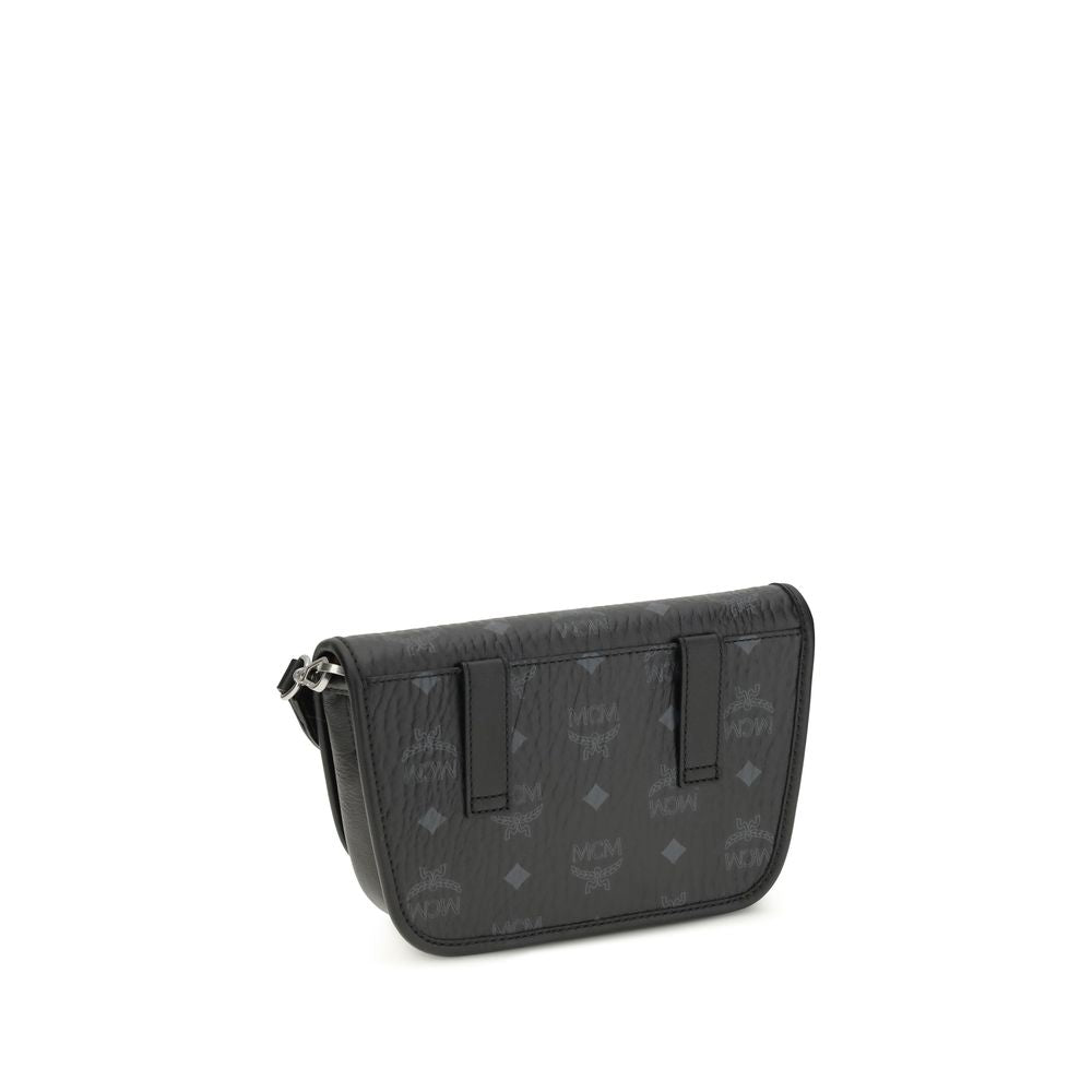 Back view of MCM black fabric shoulder bag
