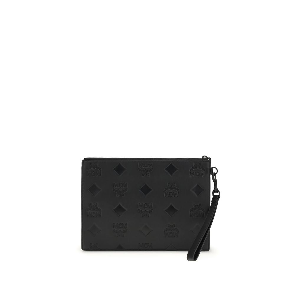 MCM Black Calf Leather Maxi Monogram Clutch Bag