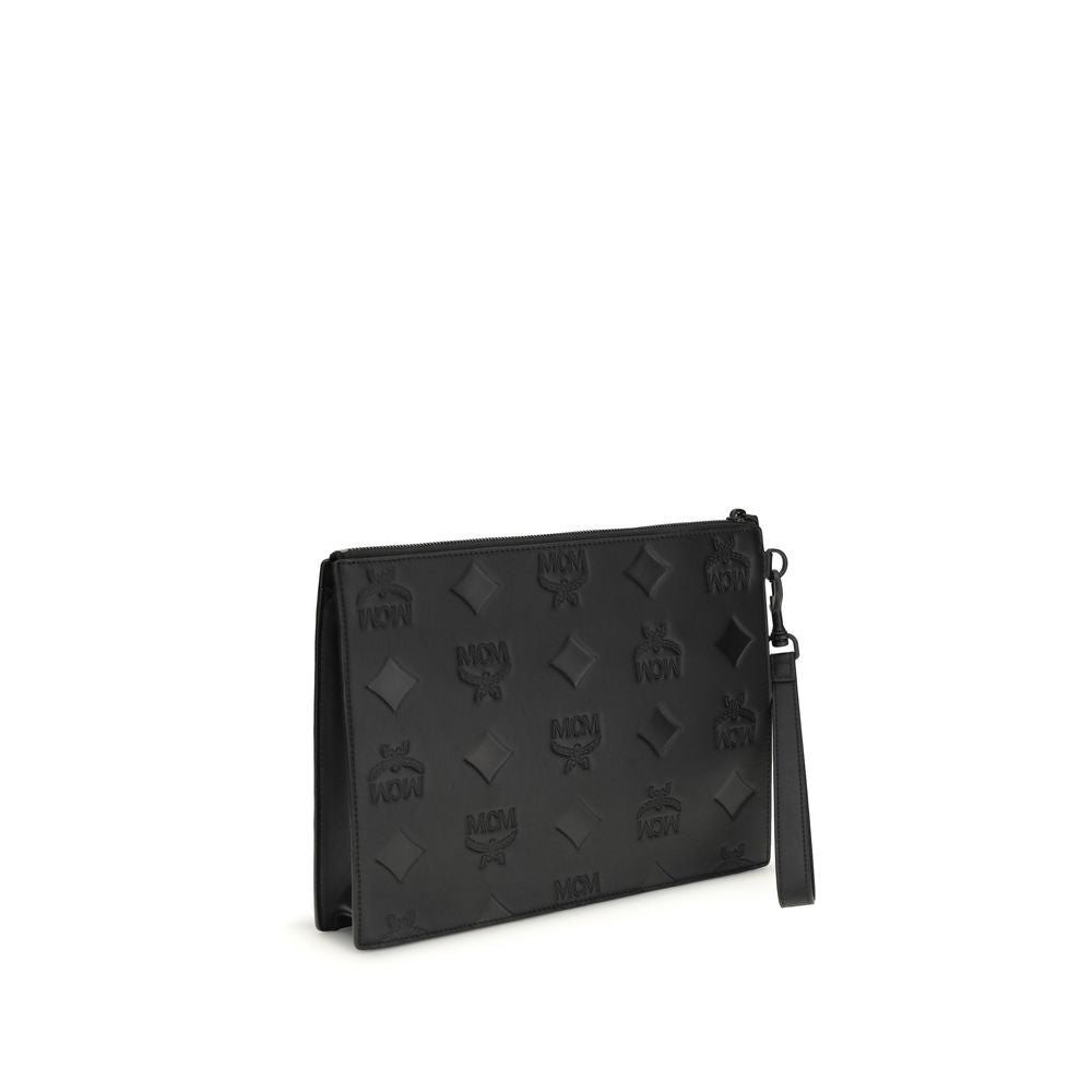 MCM Black Calf Leather Maxi Monogram Clutch Bag