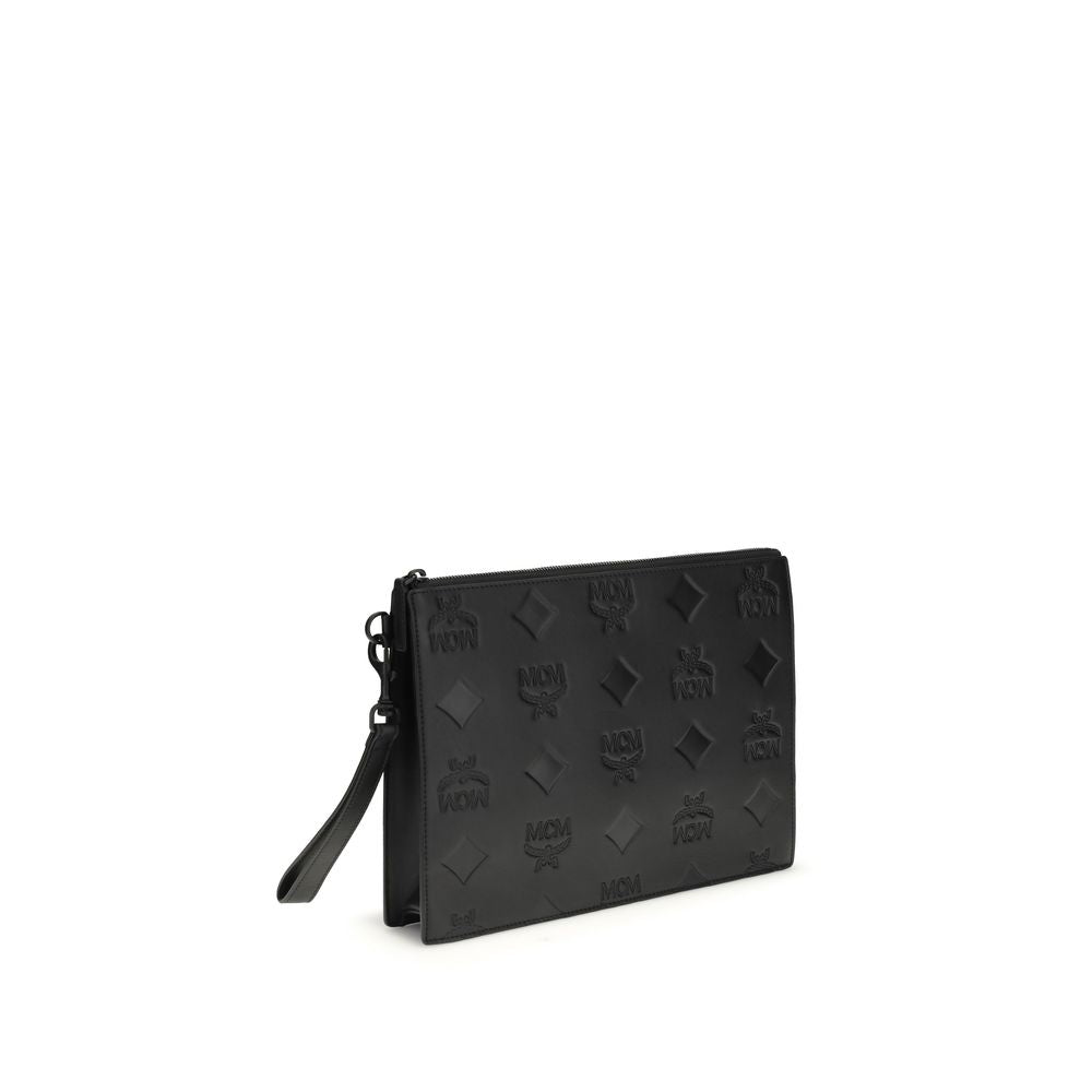 MCM Black Calf Leather Maxi Monogram Clutch Bag