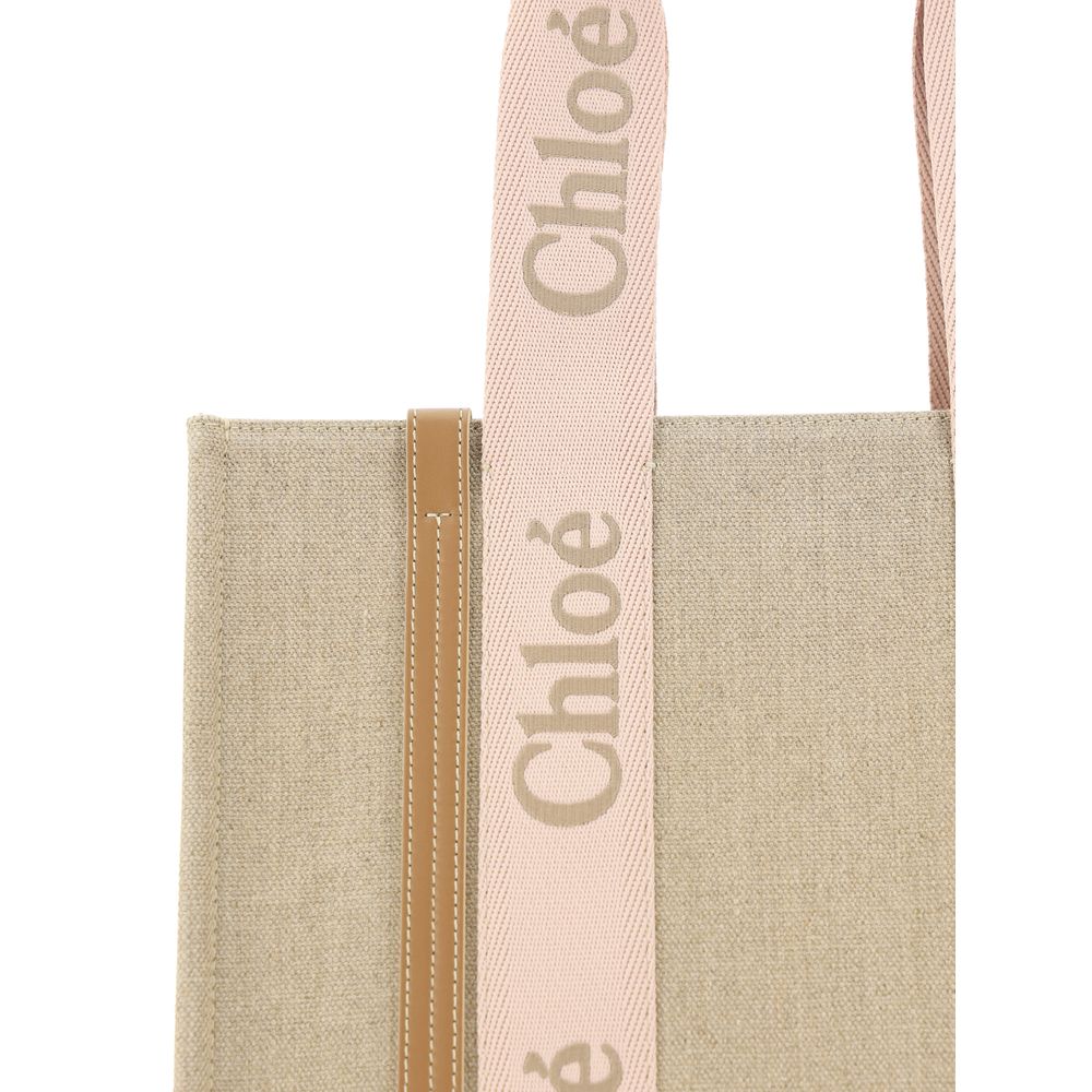 Chloé Brown Linen Shoulder Bag with Leather Details