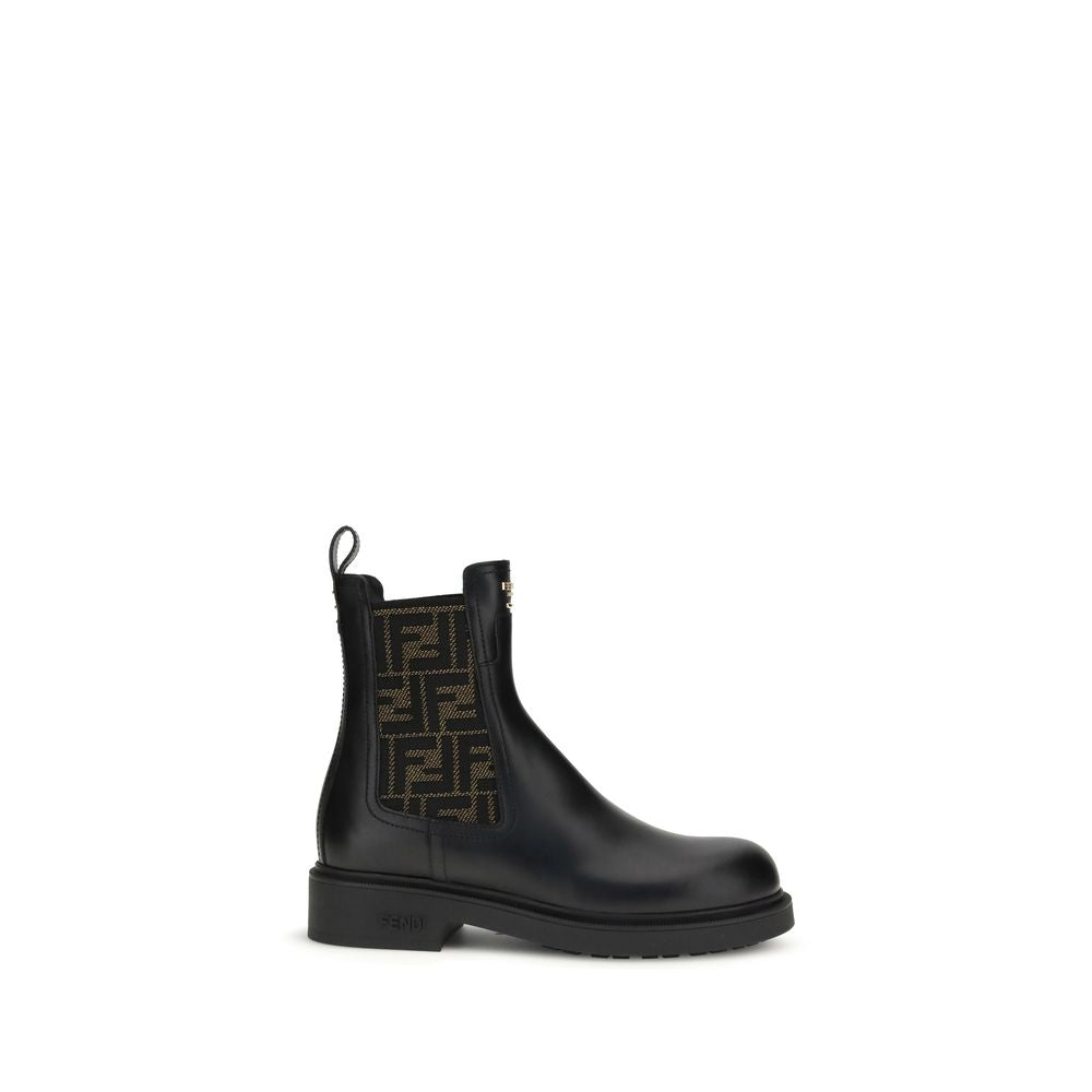 Fendi Black Calf Leather and Fabric Ankle Boots