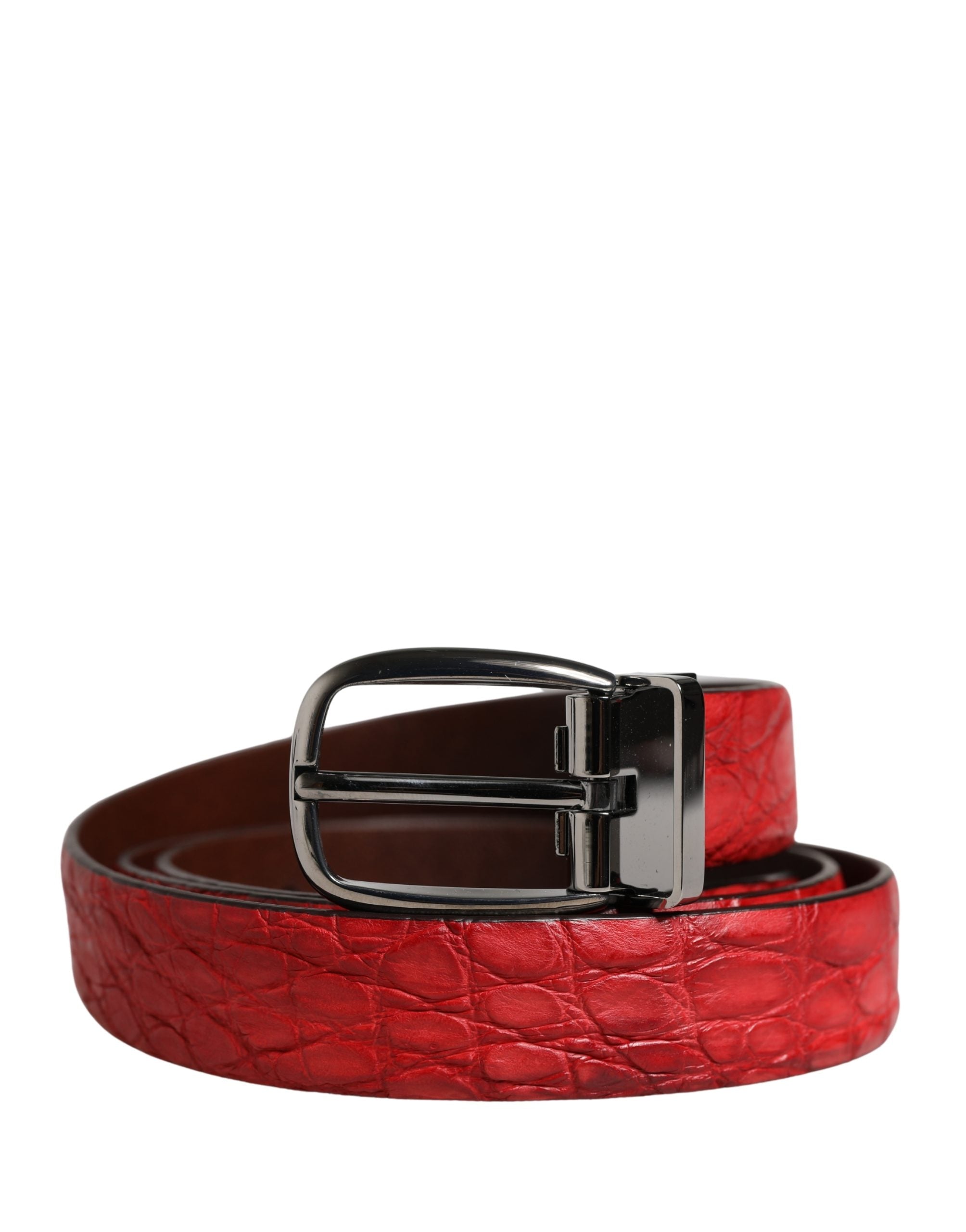 Red crocodile-patterned belt with a black buckle on a white background