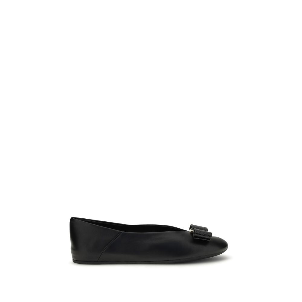 Ferragamo Black Calf Leather Vara Bow Ballet Flats
