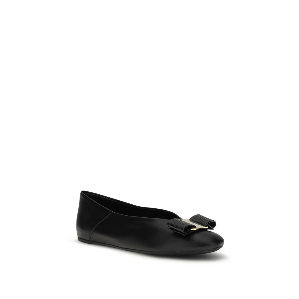 Ferragamo Black Calf Leather Vara Bow Ballet Flats