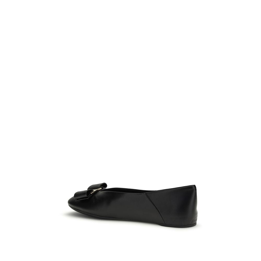 Ferragamo Black Calf Leather Vara Bow Ballet Flats