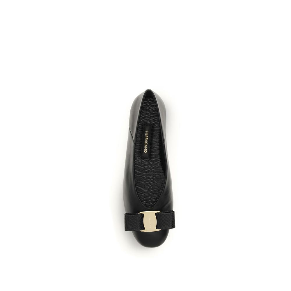 Ferragamo Black Calf Leather Vara Bow Ballet Flats