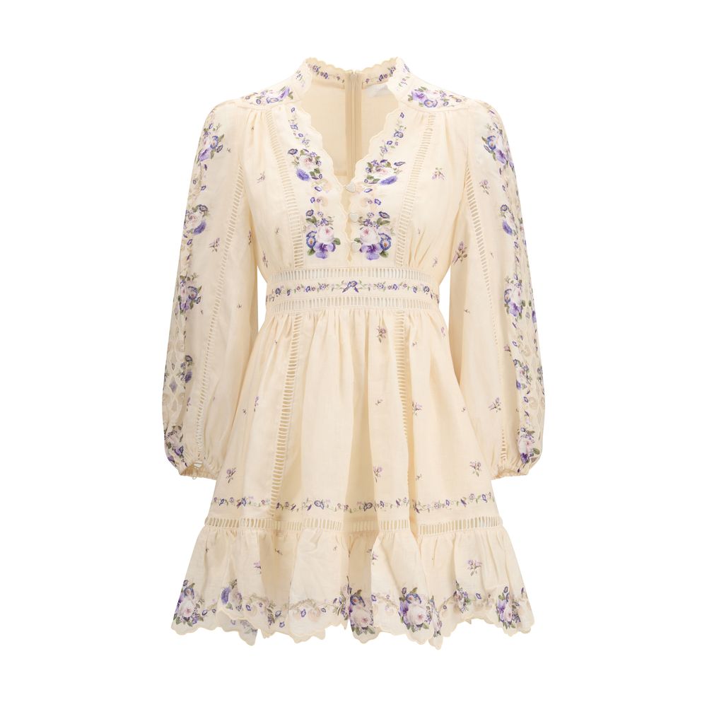 Zimmermann Cream Pink Violet Linen Mini Dress