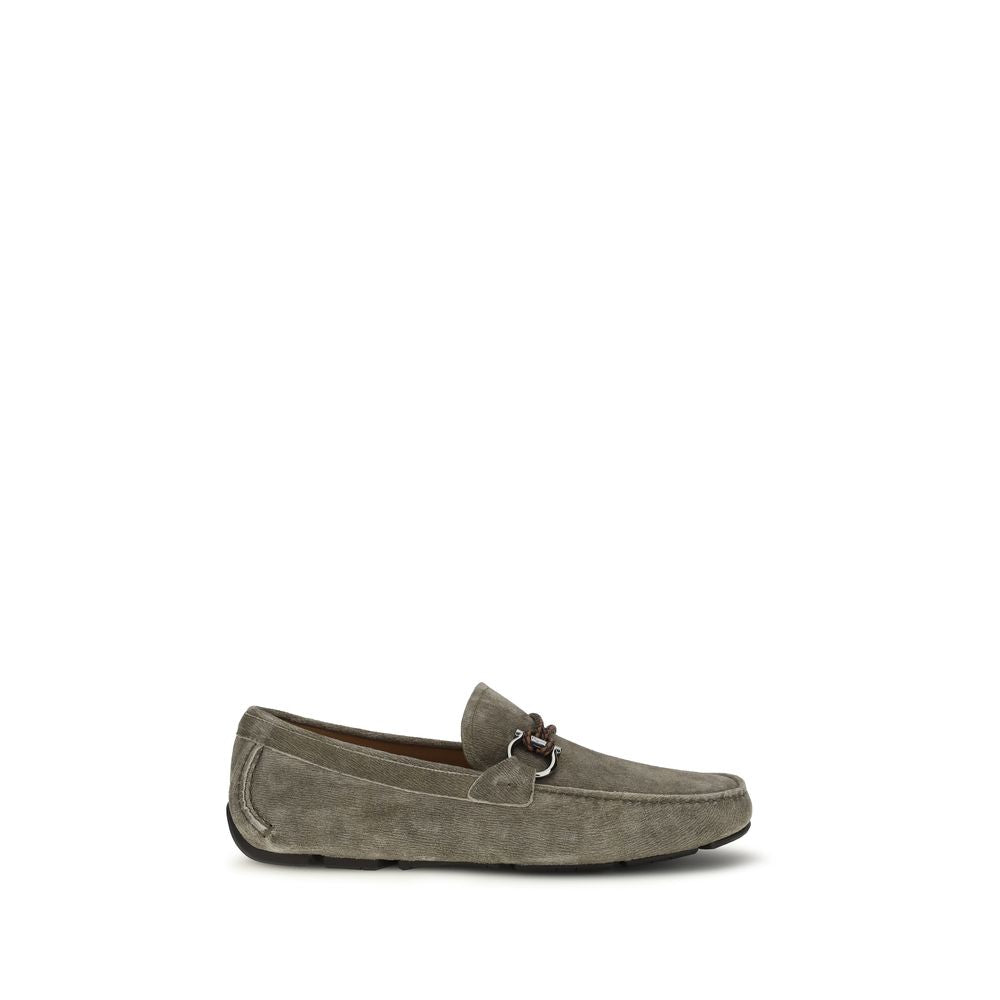 Ferragamo Gray Calf Leather Slip-On Loafers