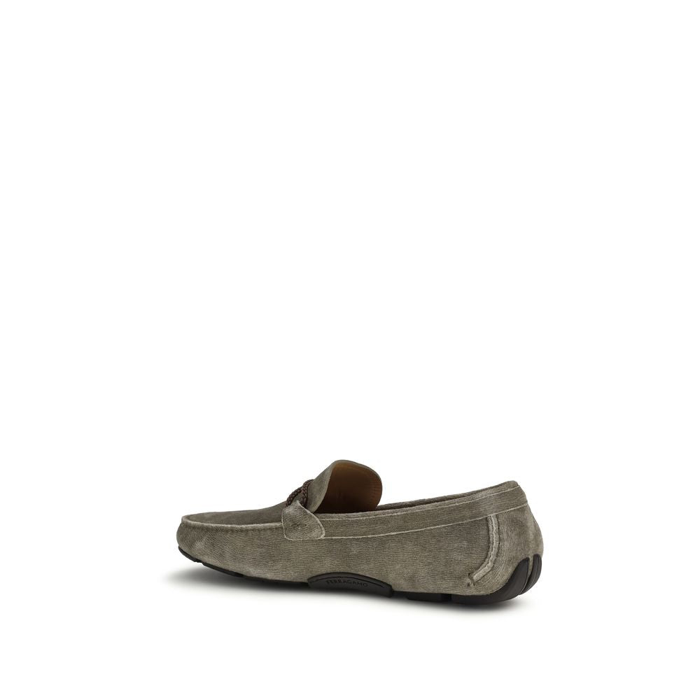 Ferragamo Gray Calf Leather Slip-On Loafers