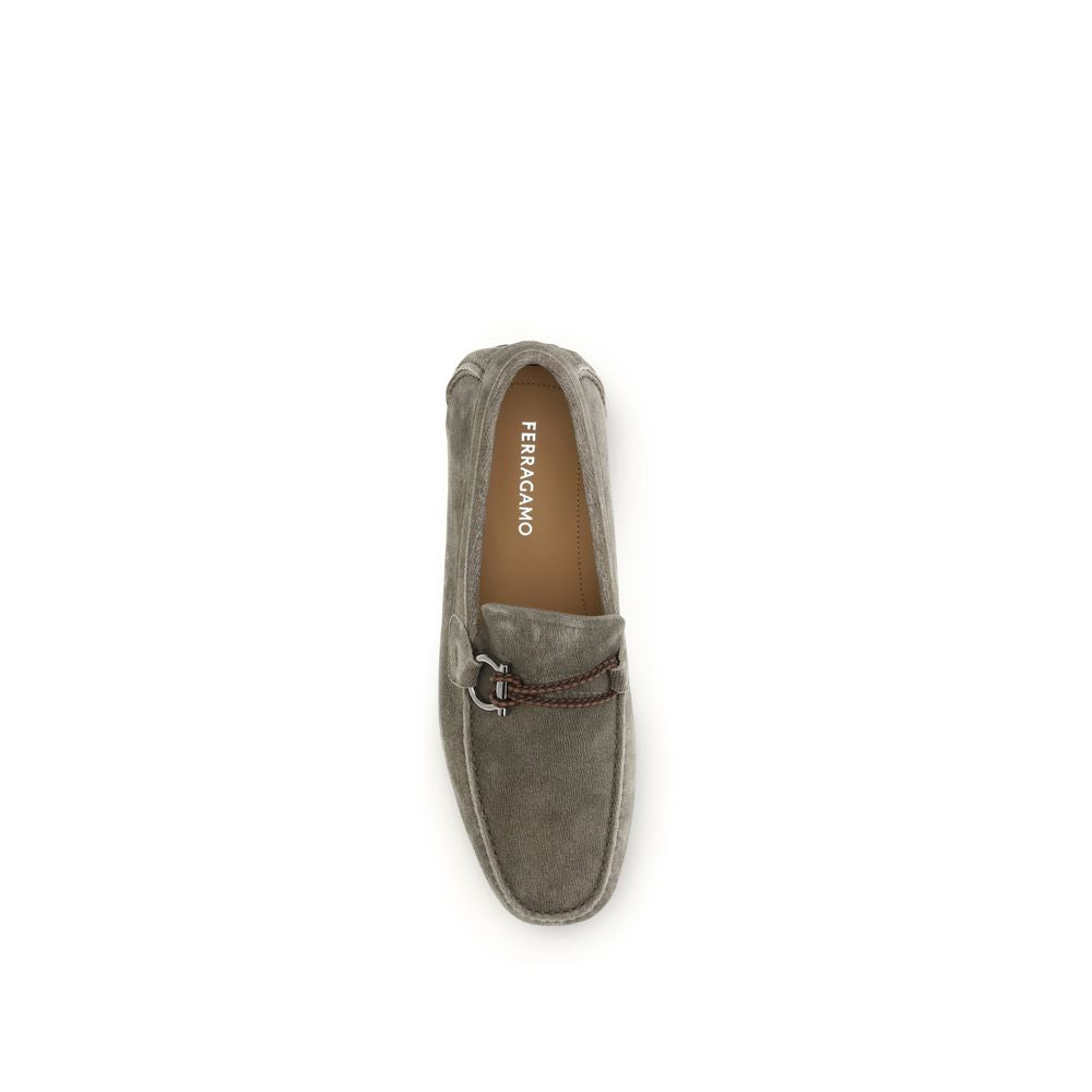 Ferragamo Gray Calf Leather Slip-On Loafers