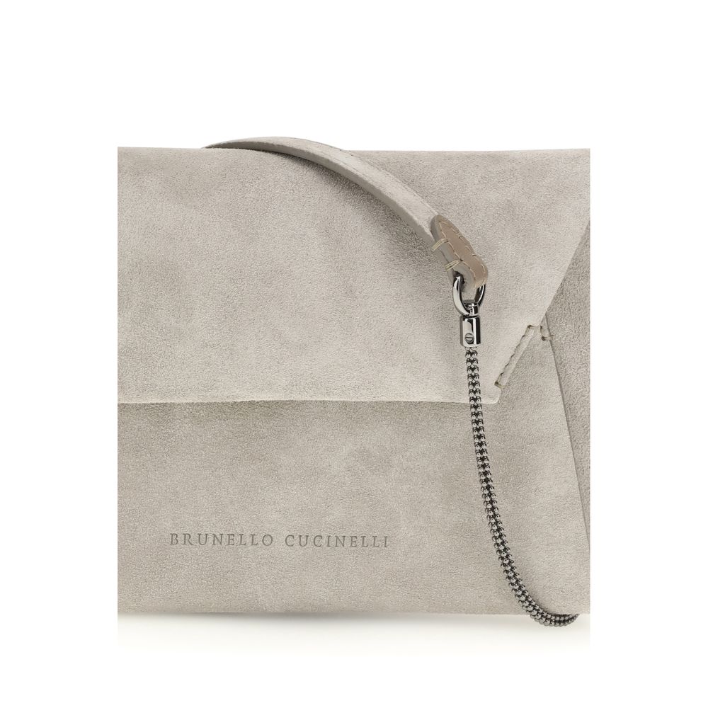 Brunello Cucinelli Gray Calf Leather Suede Shoulder Bag