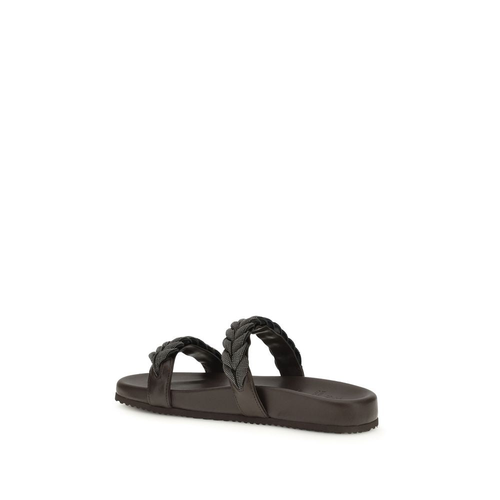 Brunello Cucinelli Brown Calf Leather Flat Sandals