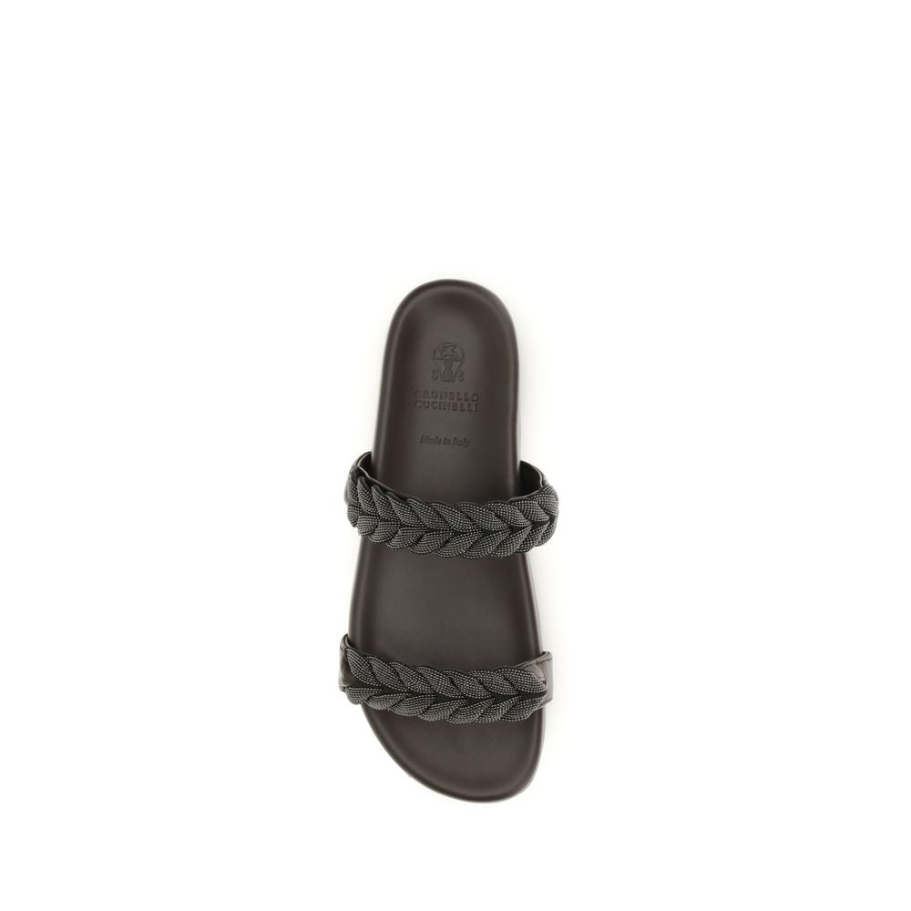 Brunello Cucinelli Brown Calf Leather Flat Sandals