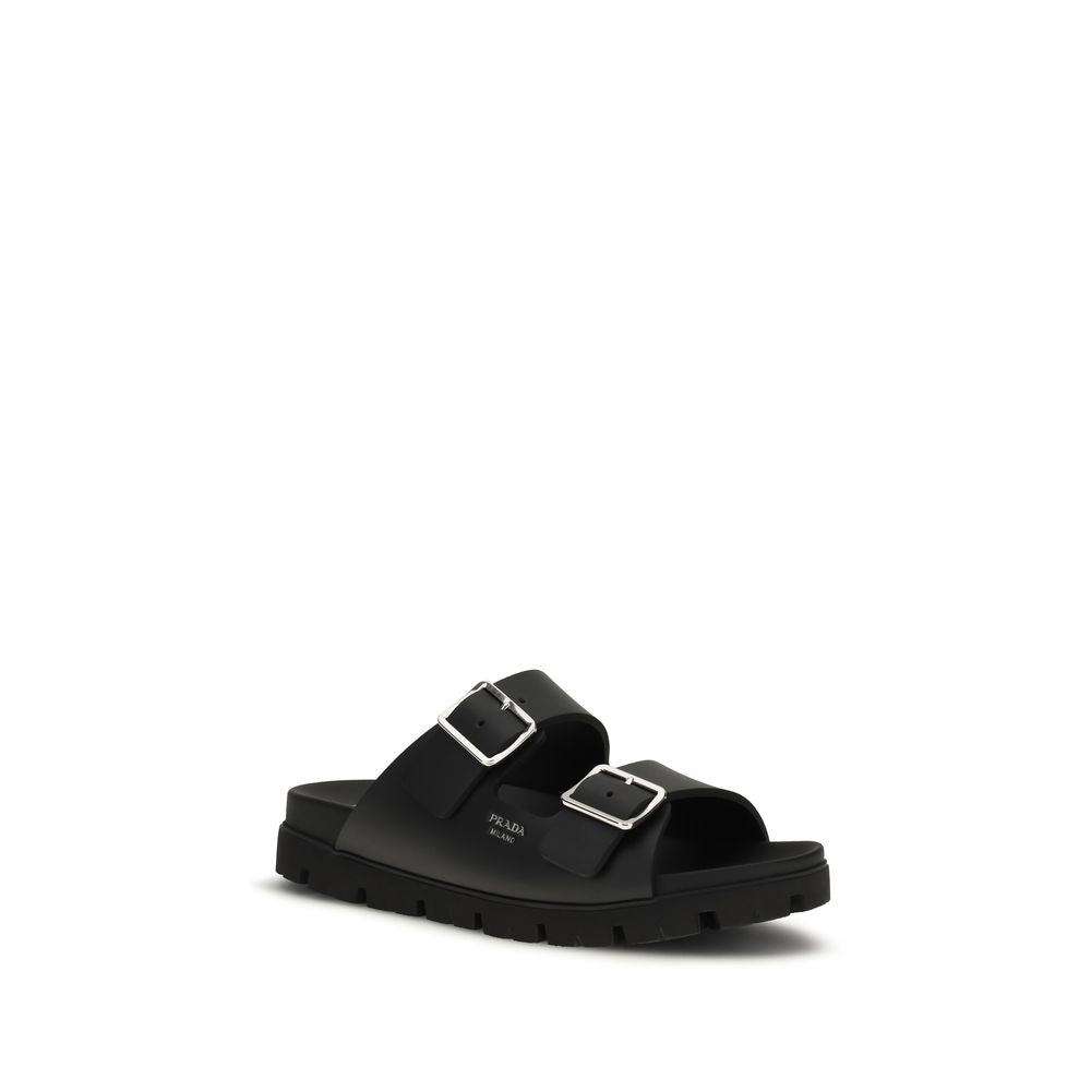 Prada Black Calf Leather Flat Sandals