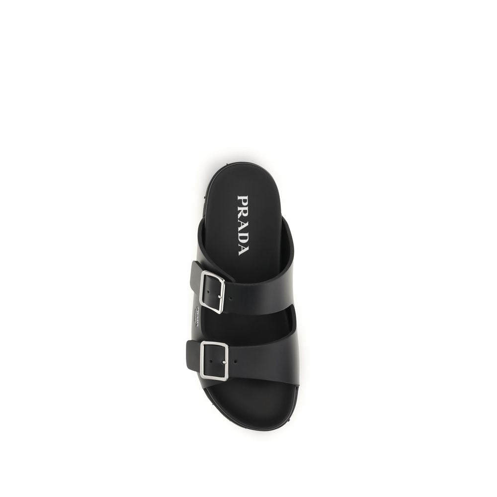 Prada Black Calf Leather Flat Sandals