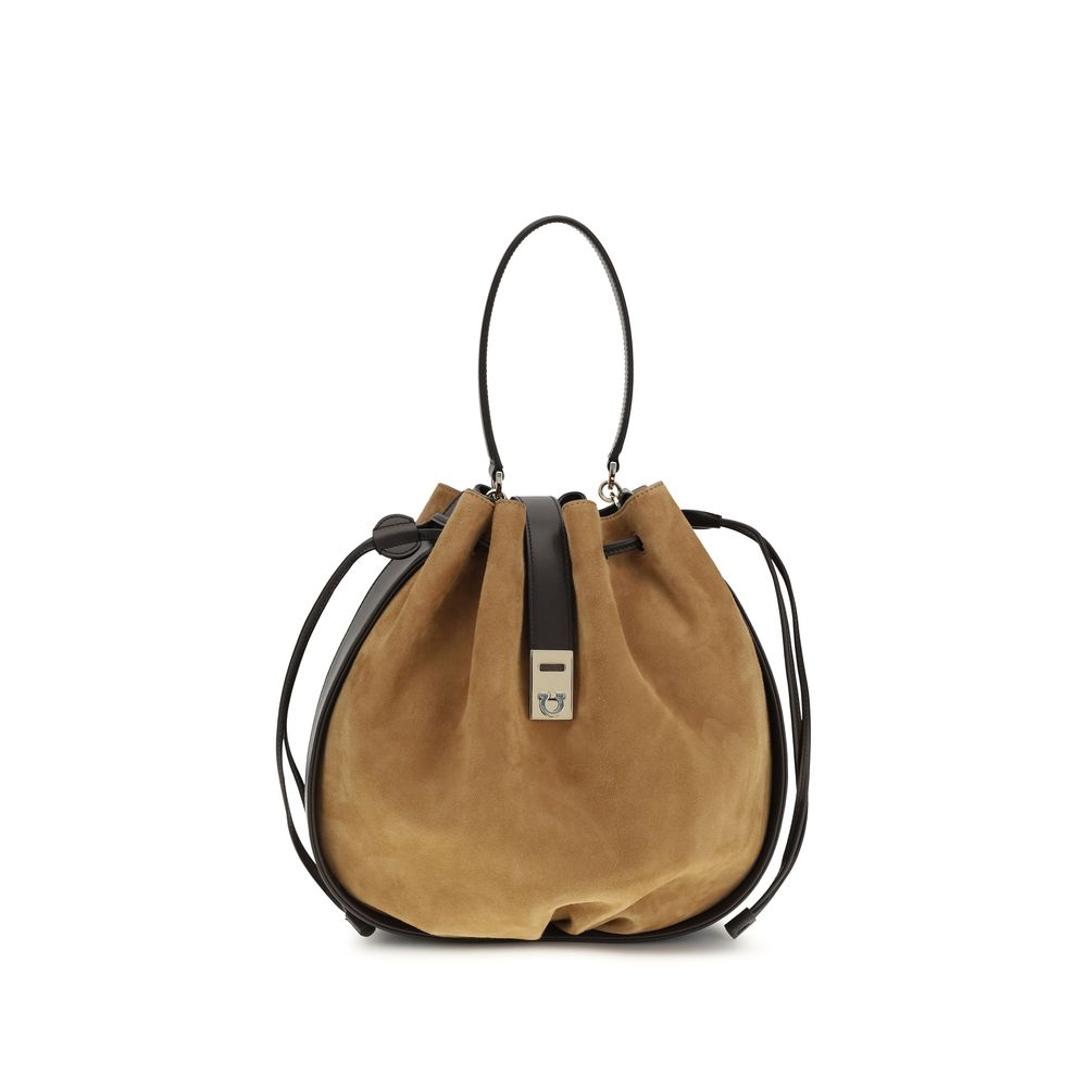 Ferragamo Brown Calf Leather Suede Bucket Bag