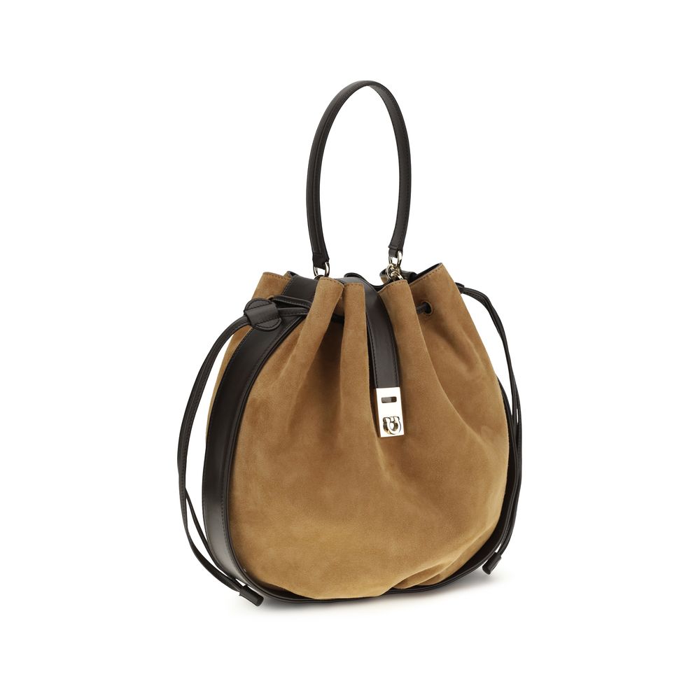 Ferragamo Brown Calf Leather Suede Bucket Bag