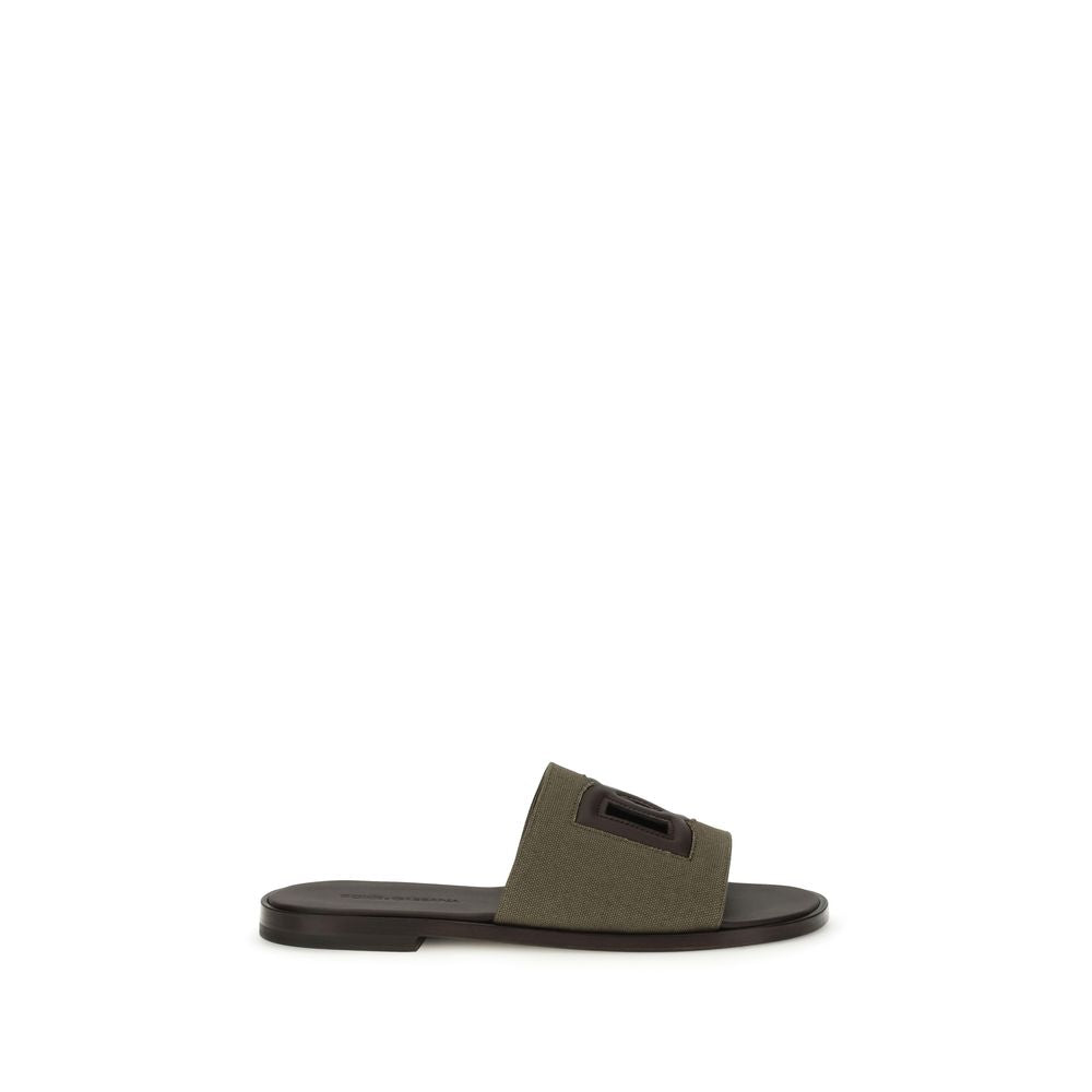 Dolce & Gabbana Bicolor Canvas Calf Leather Flat Sandals