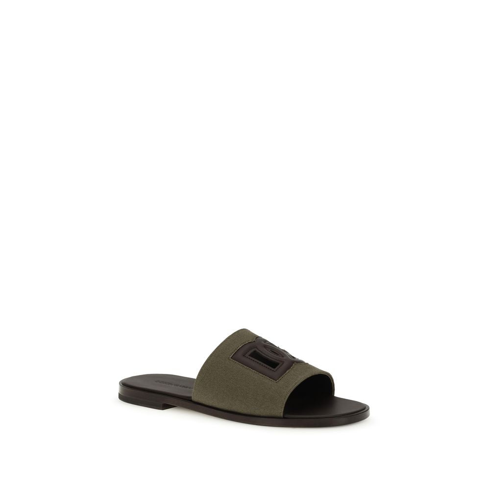 Dolce & Gabbana Bicolor Canvas Calf Leather Flat Sandals