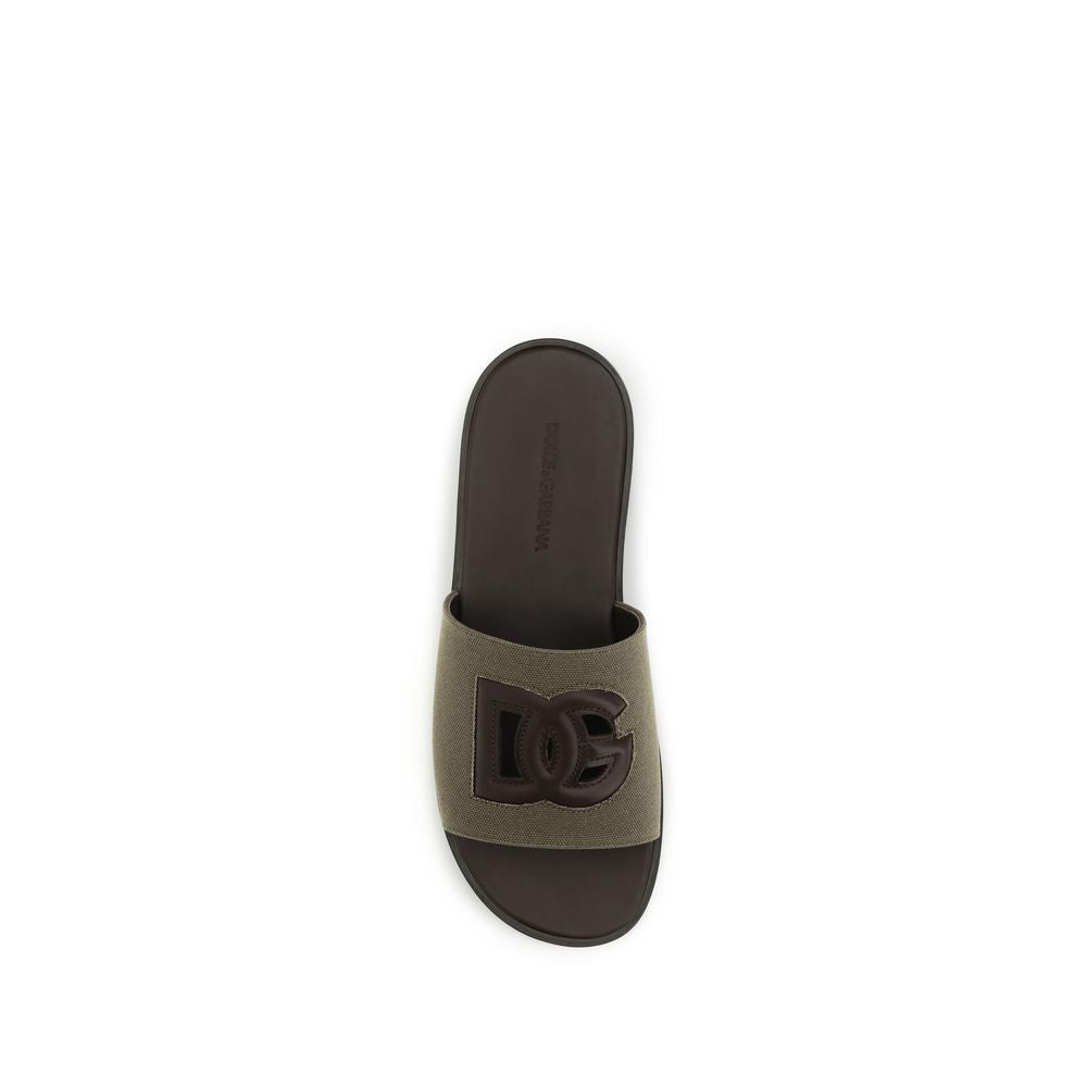 Dolce & Gabbana Bicolor Canvas Calf Leather Flat Sandals