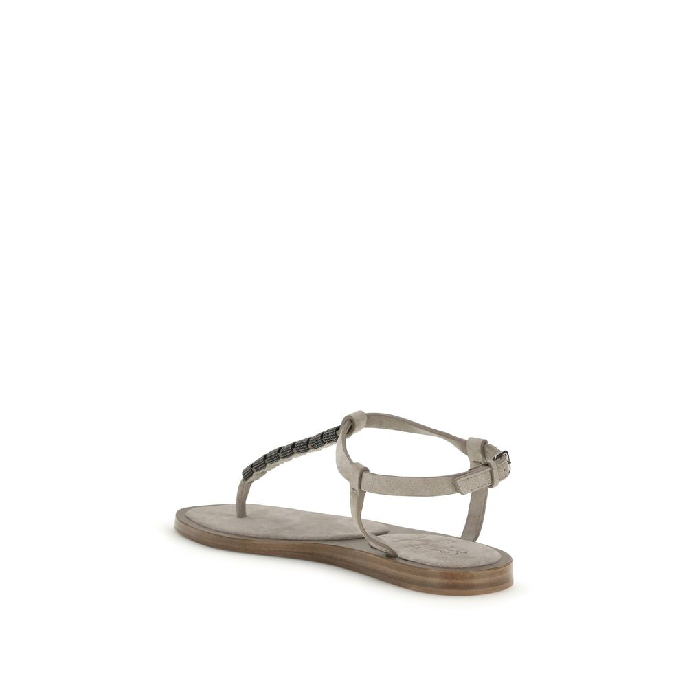 Brunello Cucinelli Beige Calf Leather Flat Sandals
