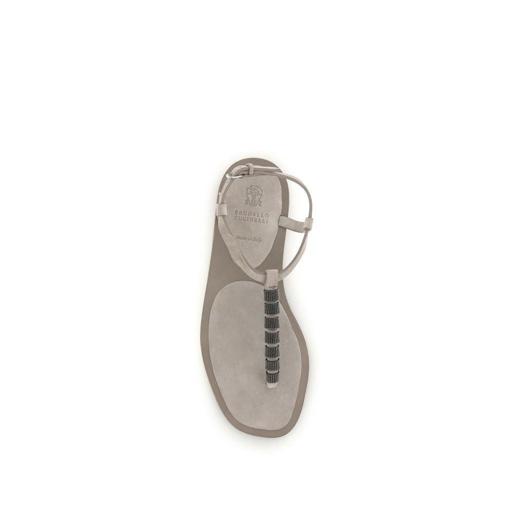 Brunello Cucinelli Beige Calf Leather Flat Sandals