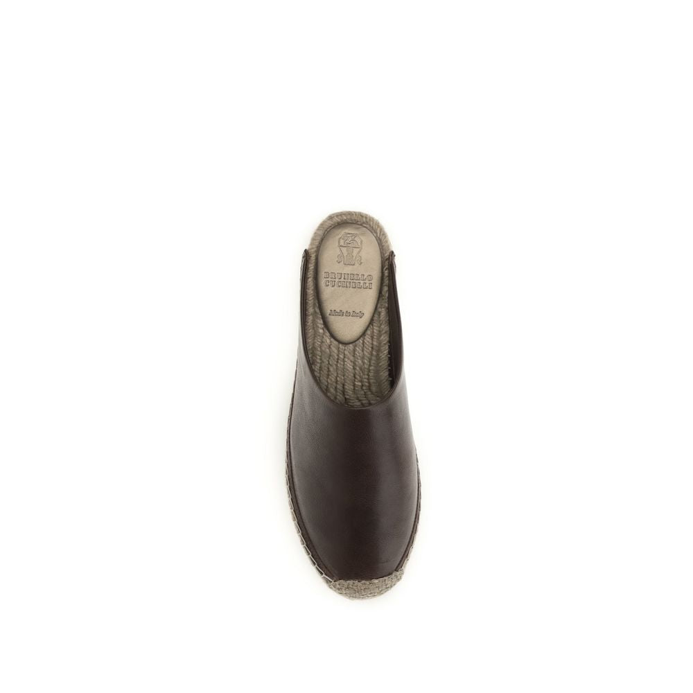 Brunello Cucinelli Brown Calf Leather Espadrilles Mules