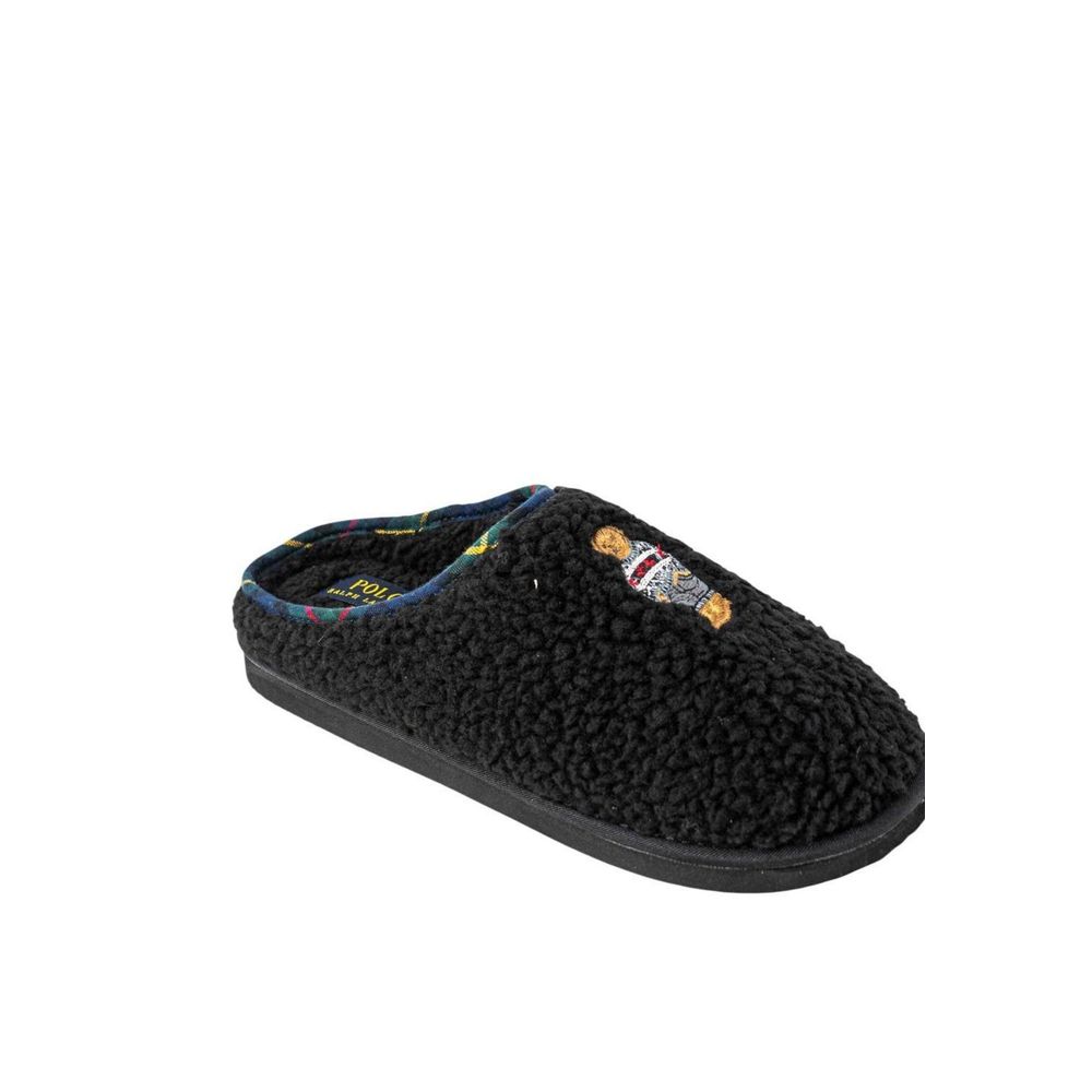 Ralph Lauren Black Cotton Faux Fur Slippers