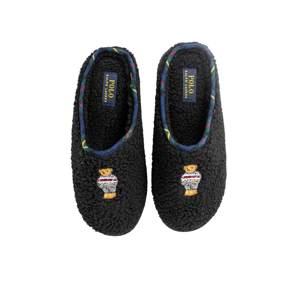 Ralph Lauren Black Cotton Faux Fur Slippers