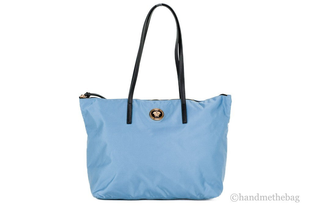 Versace Cornflower Blue Nylon Leather Tote Bag