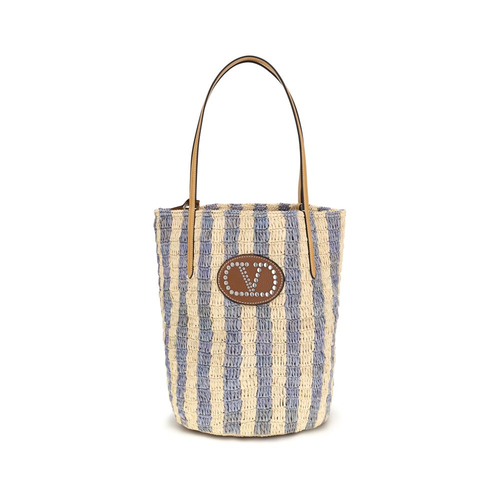 Valentino Garavani Blue Striped Raffia Bucket Bag