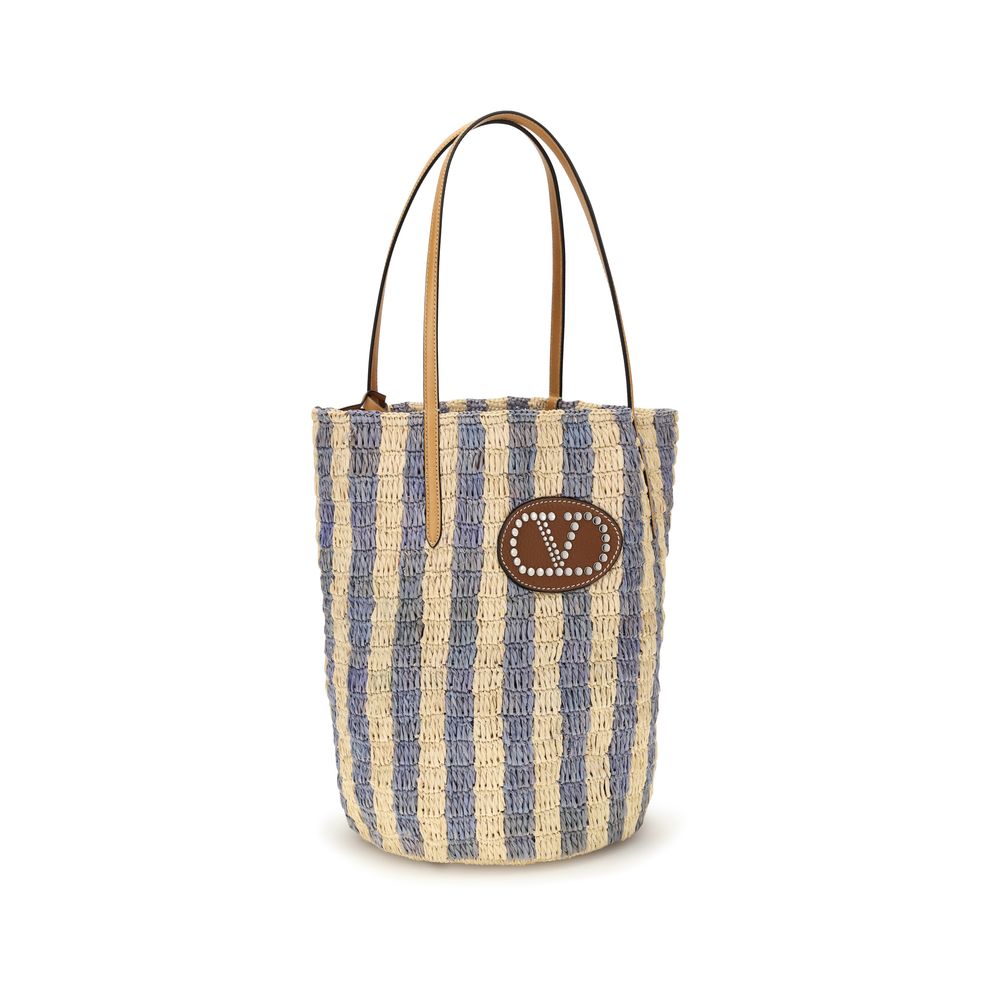 Valentino Garavani Blue Striped Raffia Bucket Bag