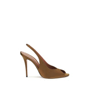 Amina Muaddi Brown Silk Slingback Sandals